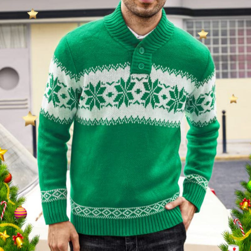 Pull de Noël homme à flocons et col boutonné — Amielle Paris