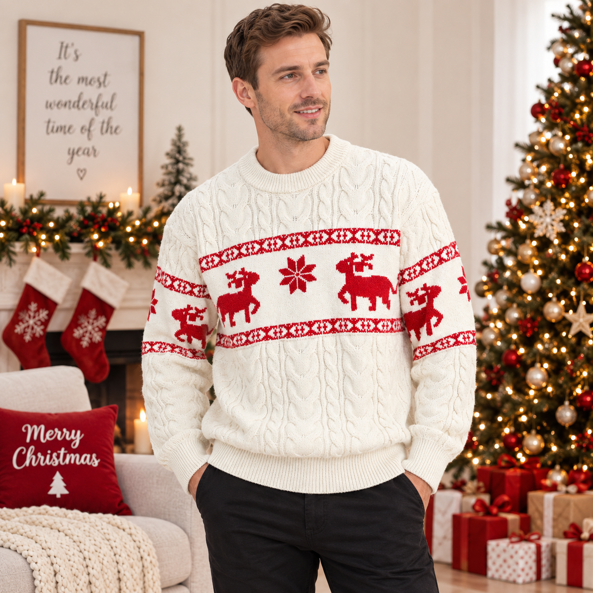 Pull de Noël homme à rennes et torsades — Amielle Paris
