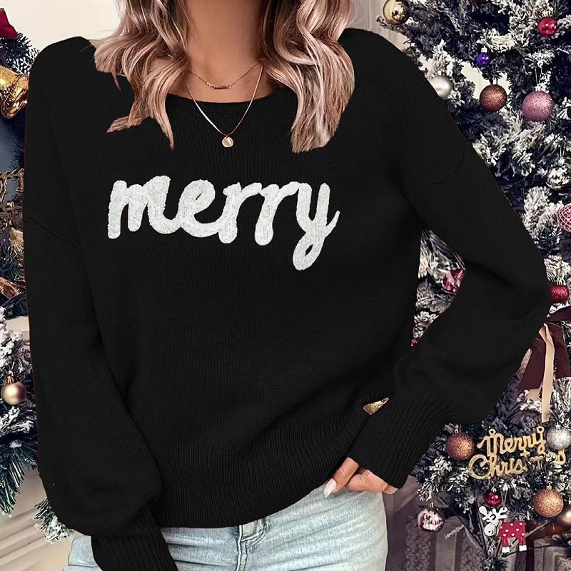 Pull de Noël en maille à inscription Merry — Amielle Paris