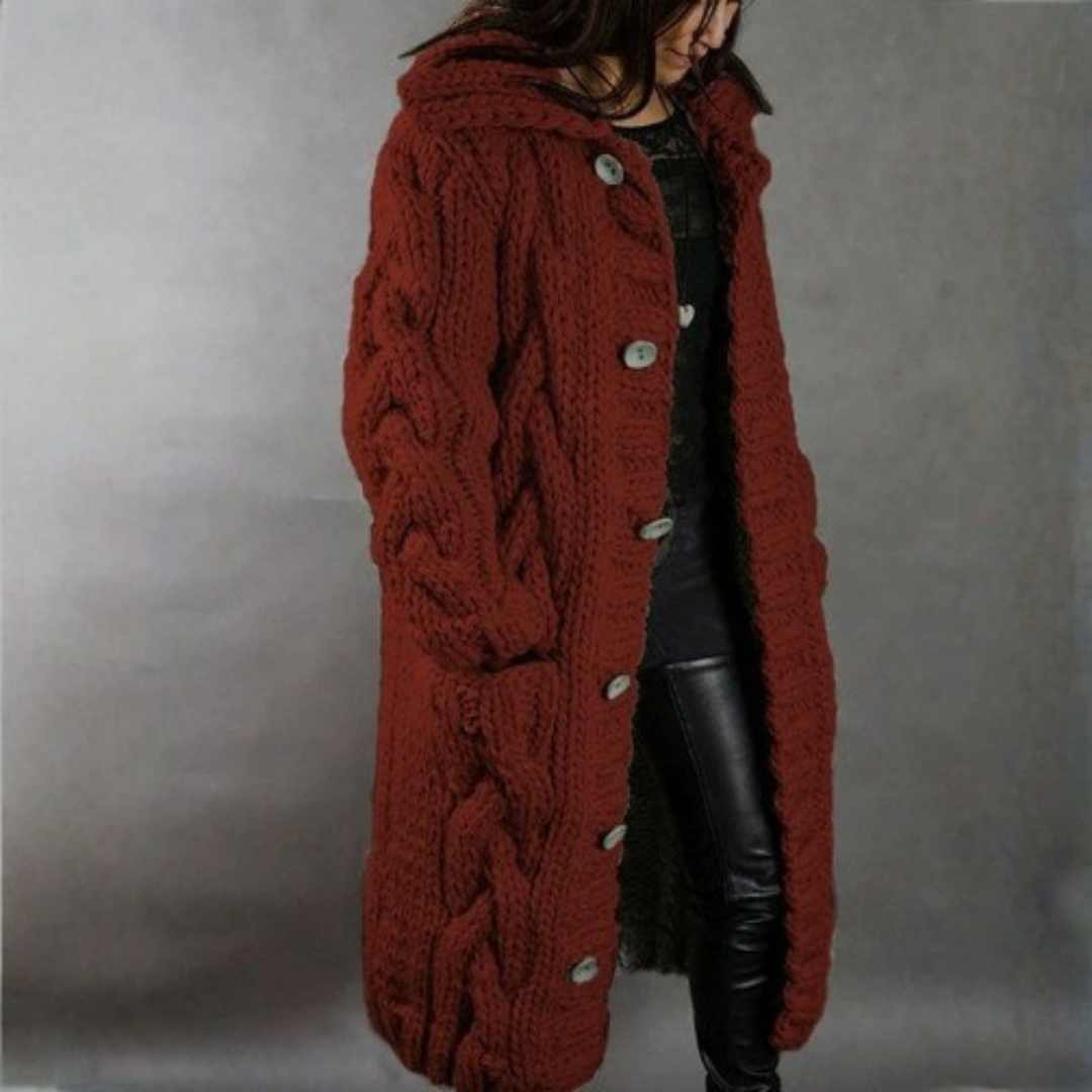 Gilet long à capuche en maille torsadée — Amielle Paris