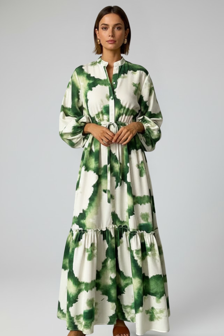 Robe longue imprimée à taille nouée et manches amples — Amielle Paris