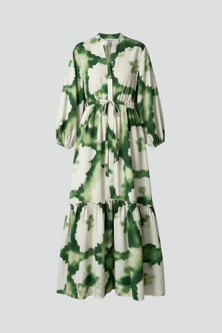 Robe longue imprimée à taille nouée et manches amples — Amielle Paris