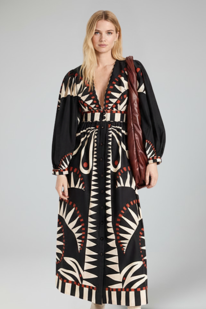 Robe longue imprimée à taille nouée et manches amples — Amielle Paris