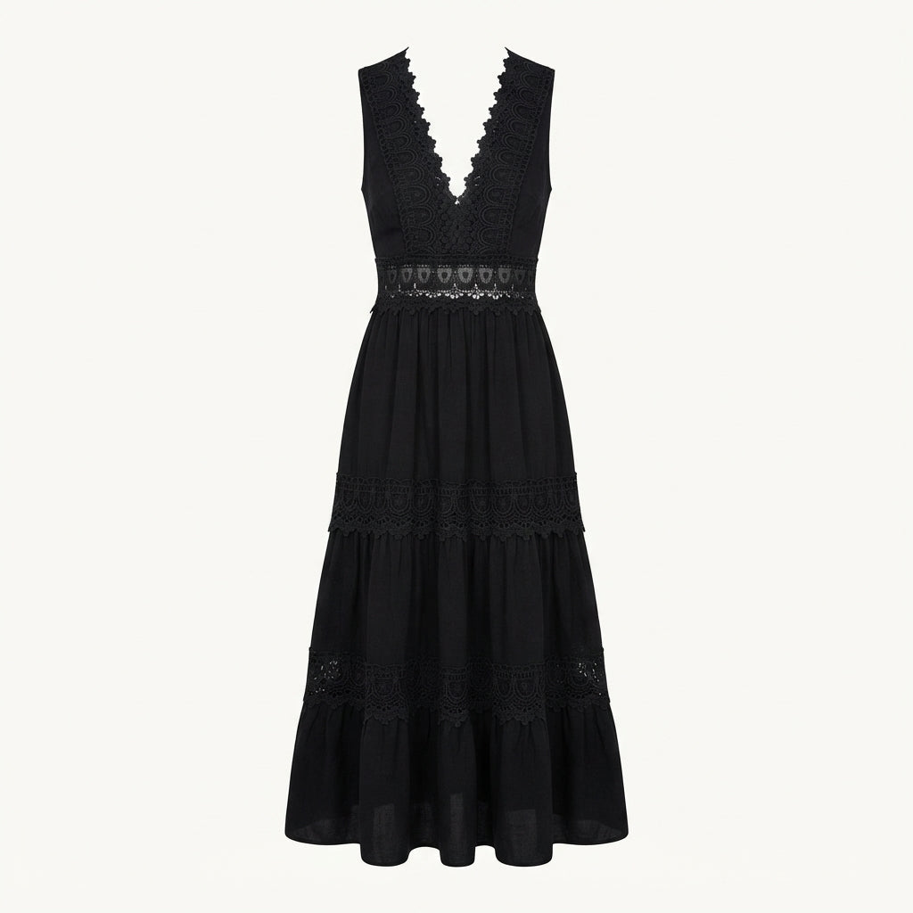 Robe longue à dentelle au crochet et col en V — Amielle Paris