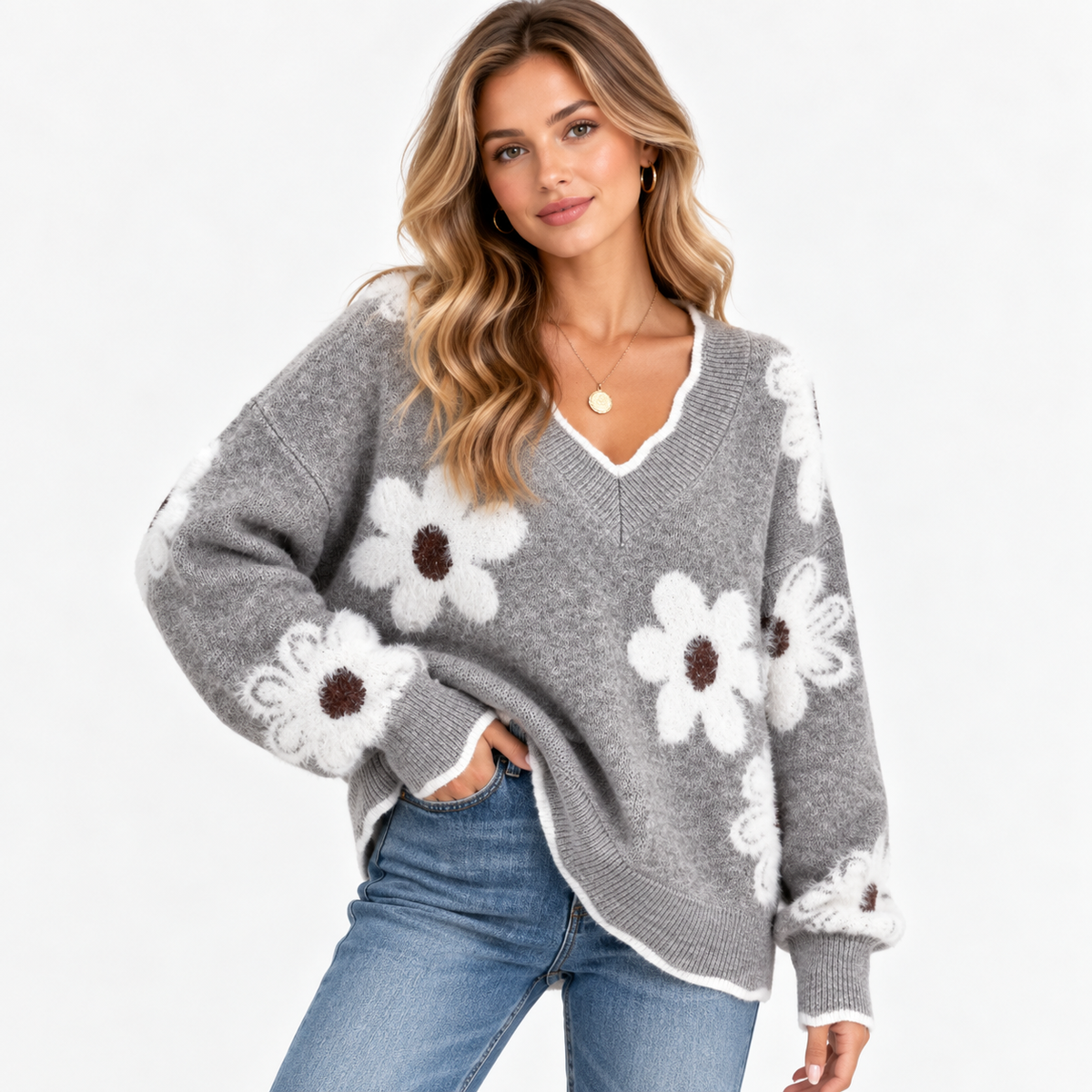 Pull en maille fleurie à col en V — Amielle Paris