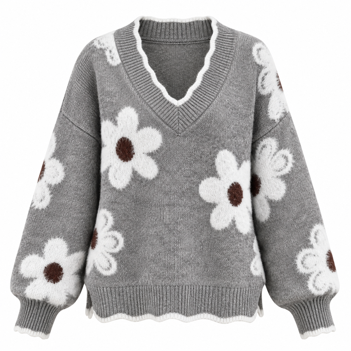 Pull en maille fleurie à col en V — Amielle Paris