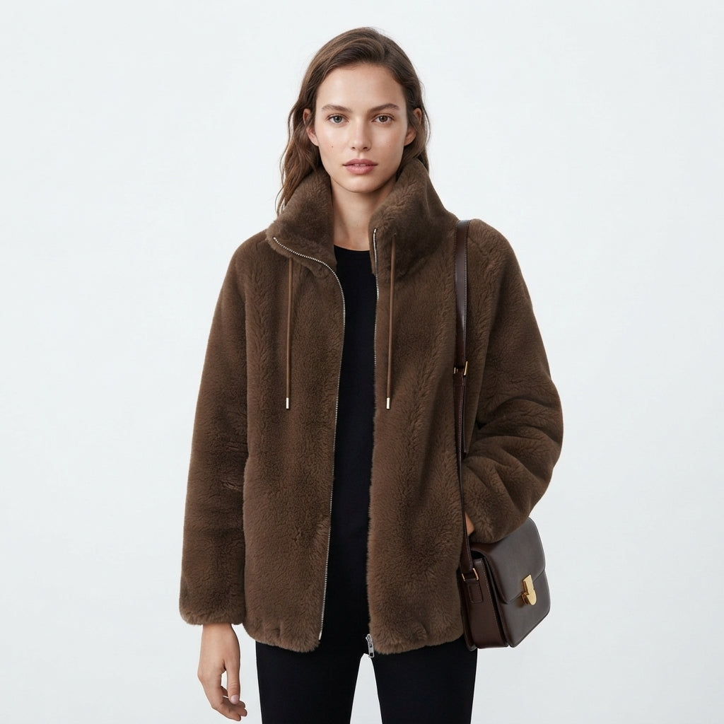 Veste zippée effet peau lainée à col montant — Amielle Paris