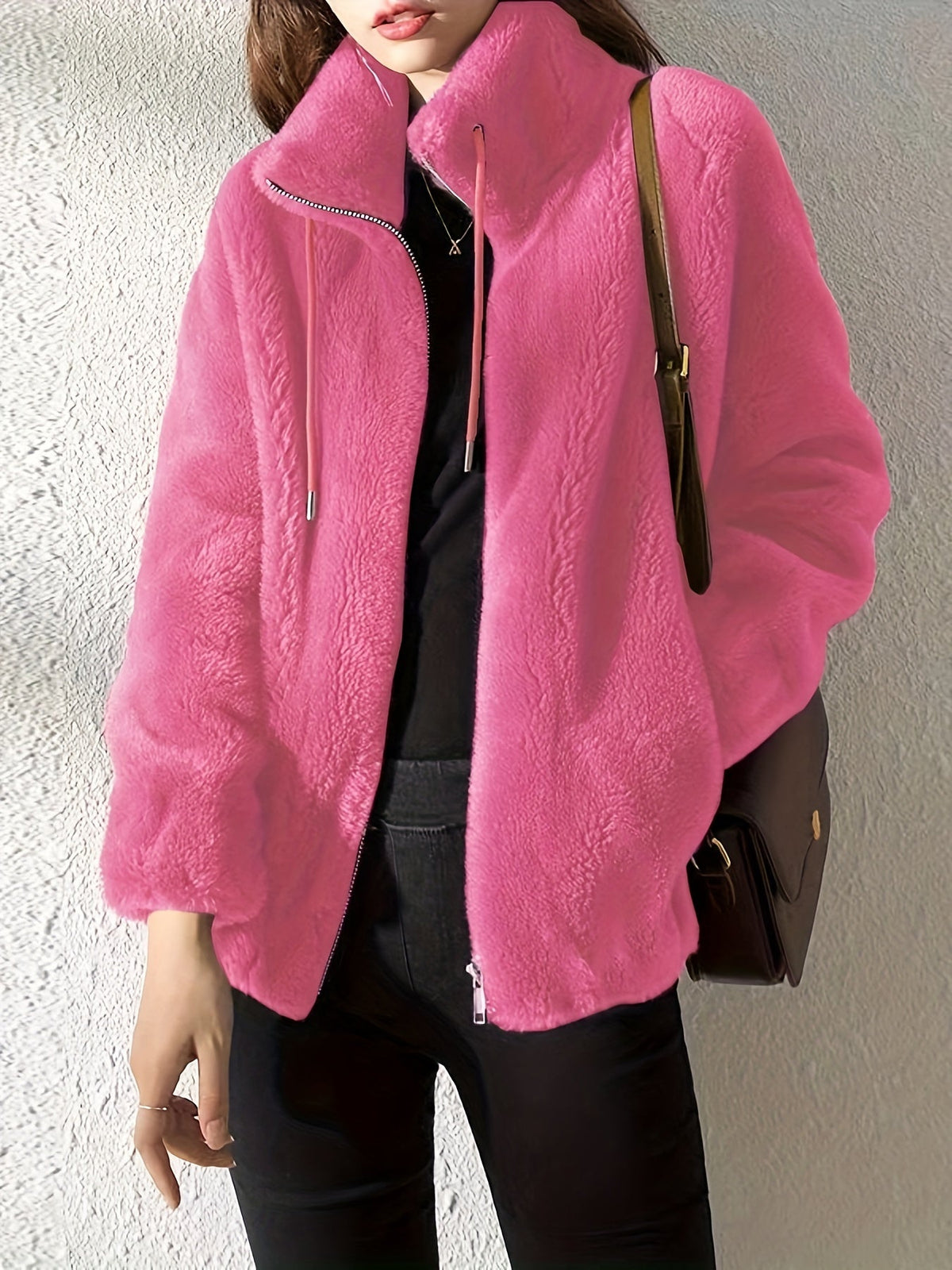 Veste zippée effet peau lainée à col montant — Amielle Paris