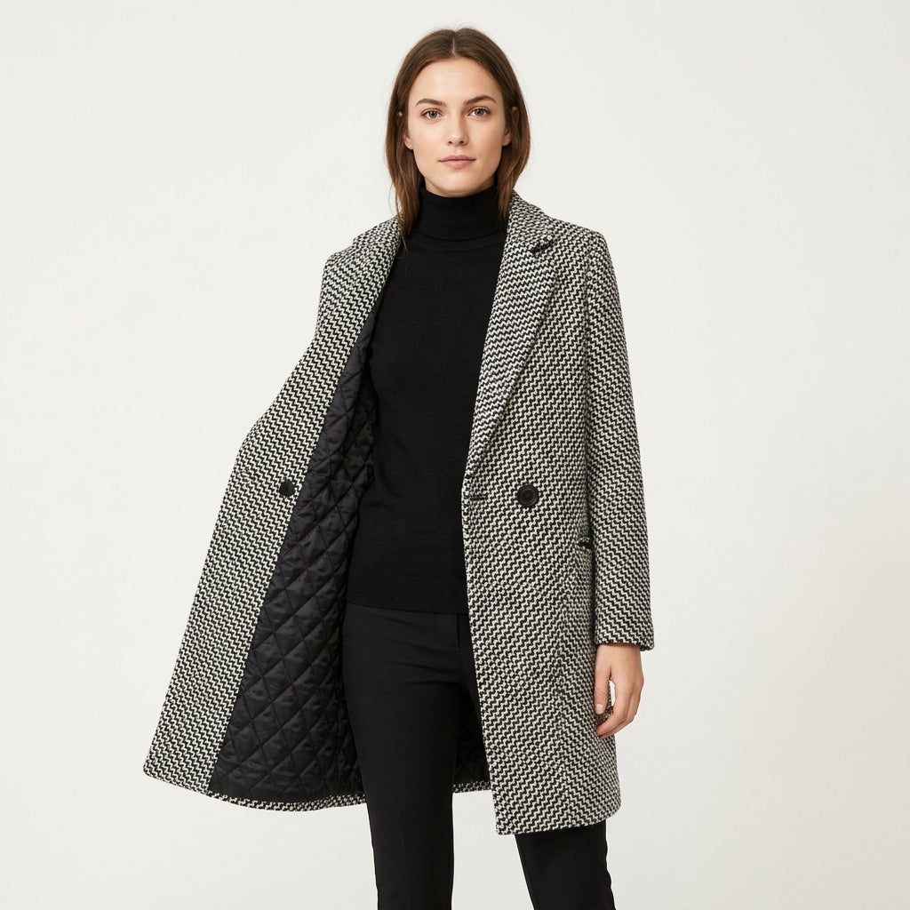 Manteau long en tweed pied-de-poule doublé matelassé — Amielle Paris