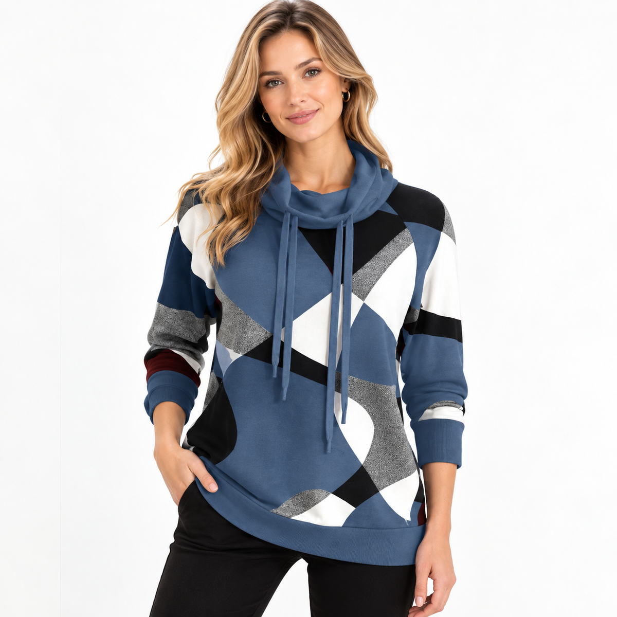 Pull à col bénitier, cordon et motifs contrastés — Amielle Paris