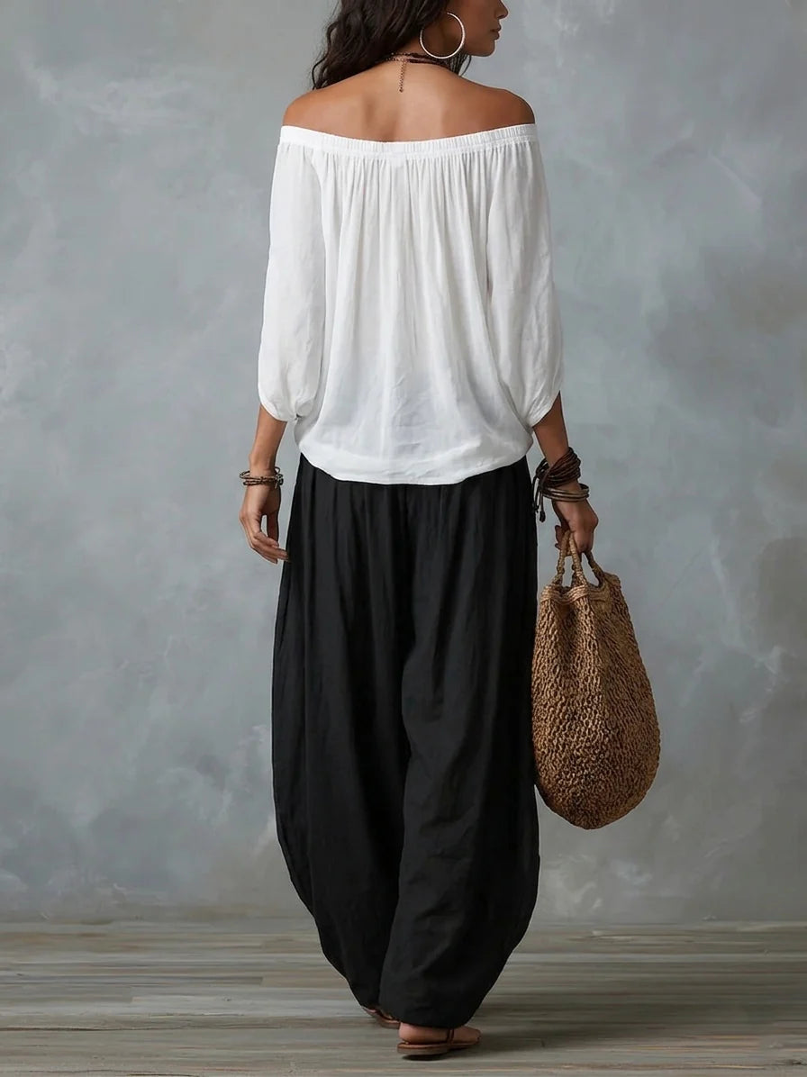 Lyra | Ensemble épaules dénudées et pantalon large — Amielle Paris