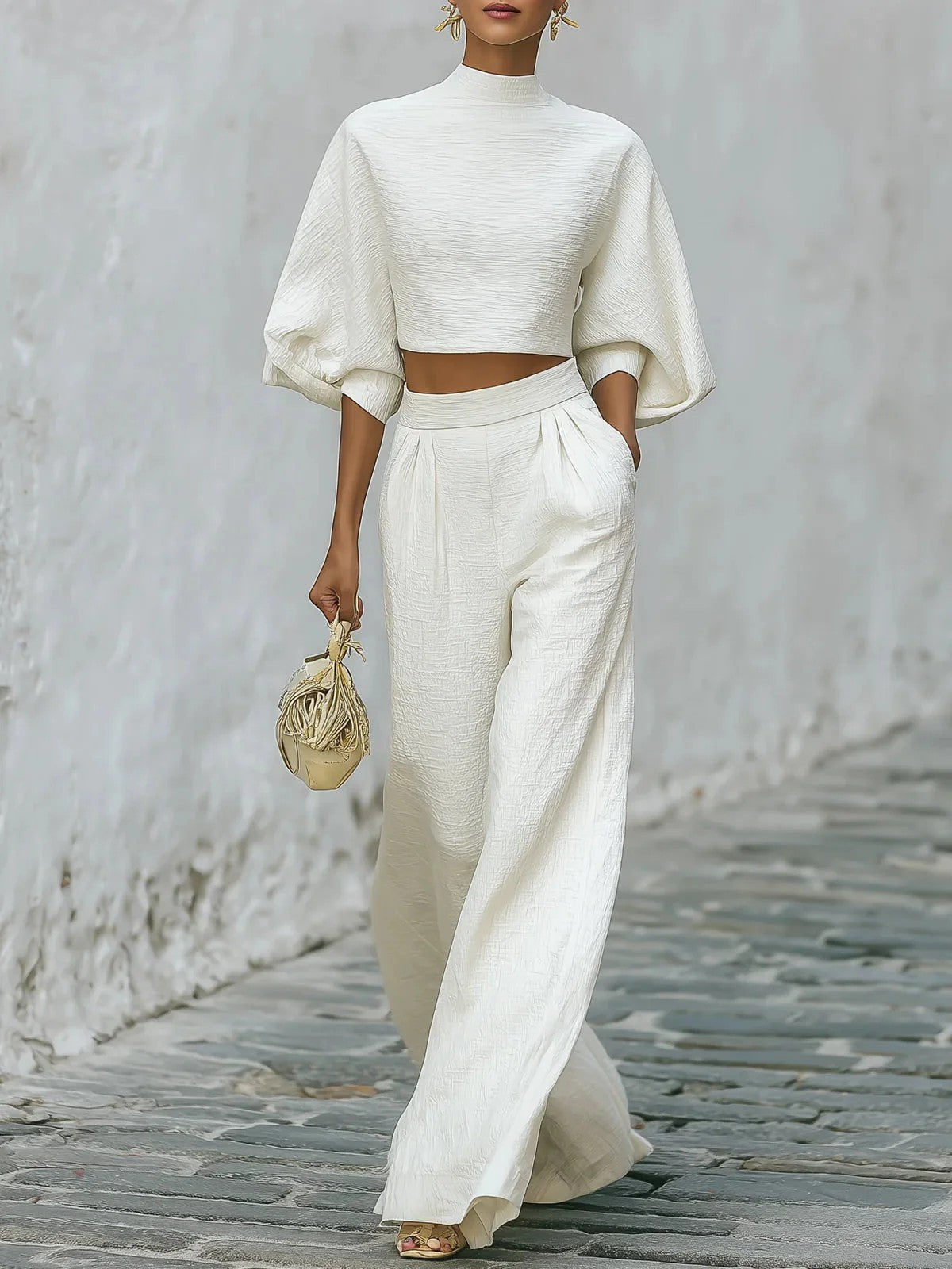 Théa | Ensemble blanc texturé avec haut court et pantalon large — Amielle Paris