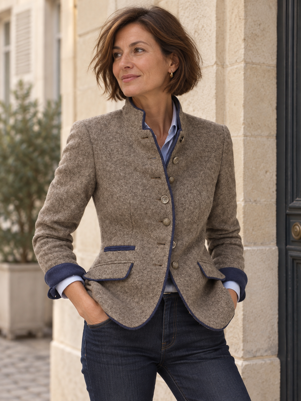 Veste ajustée taupe à finitions bleu marine devant une porte en pierre.