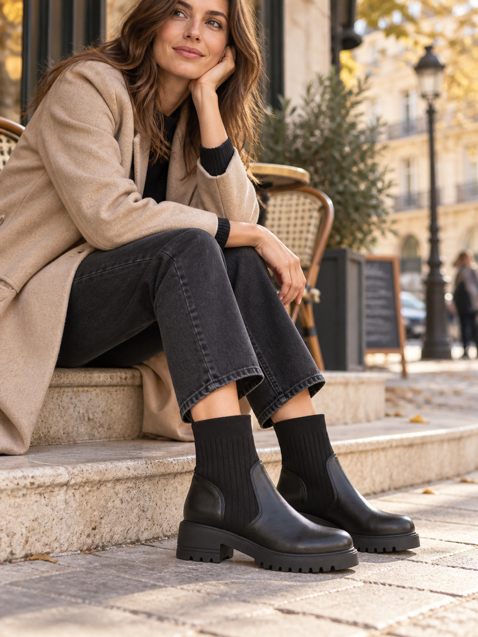 Bottines noires à tige côtelée et semelle crantée, portées avec un jean.
