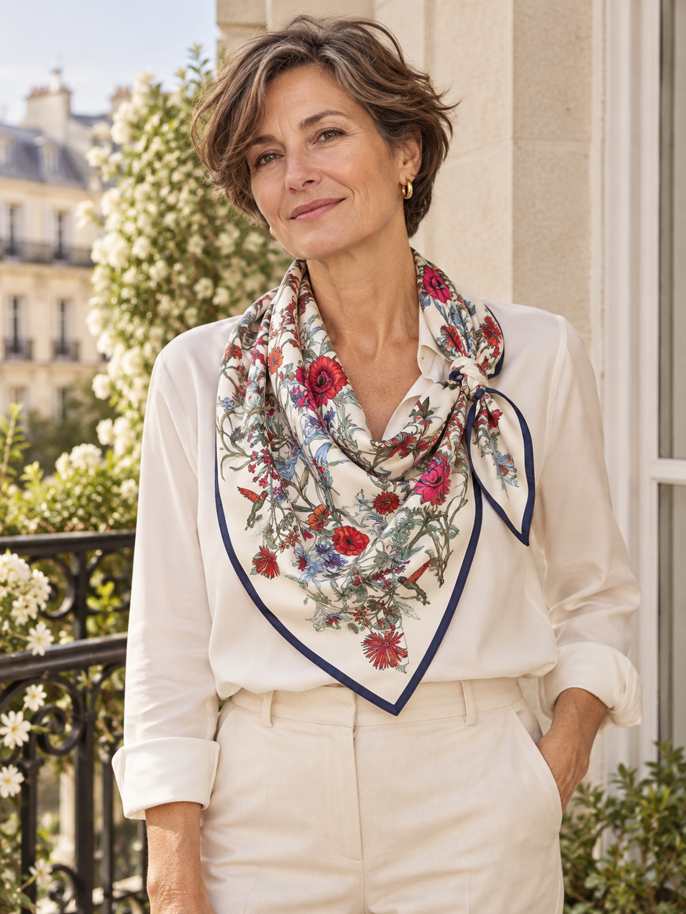Foulard crème à fleurs et oiseaux porté avec une chemise ivoire.