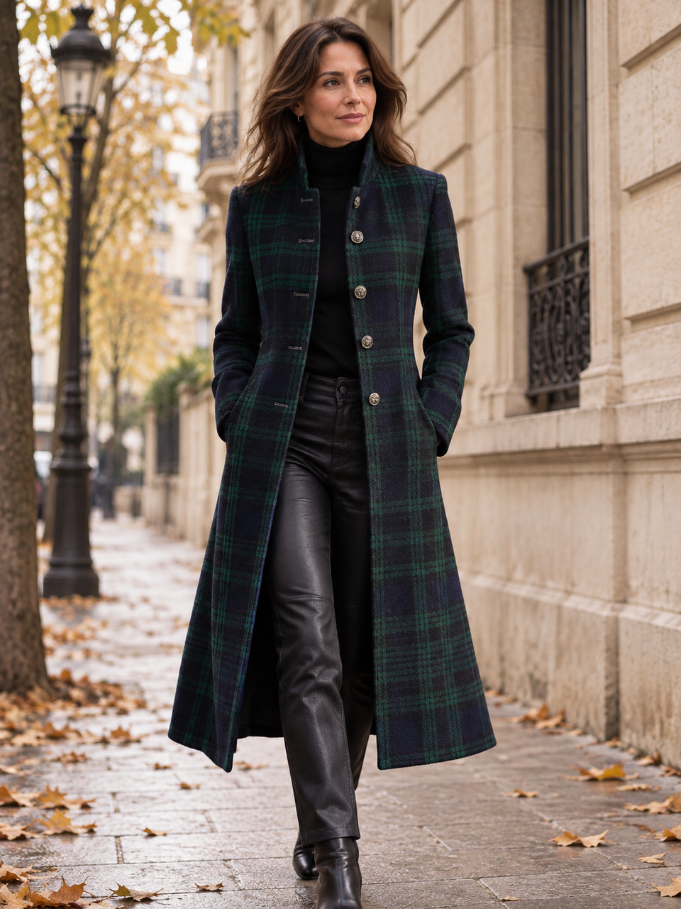 Manteau long à carreaux verts porté dans une rue aux façades claires.