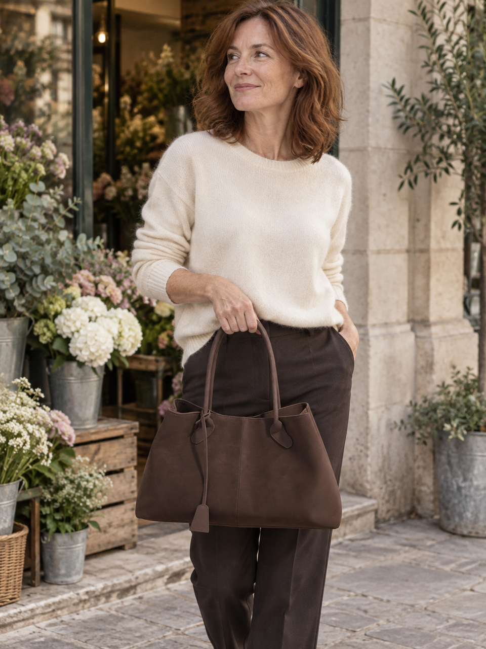 Cabas brun porté avec une maille claire devant un fleuriste.