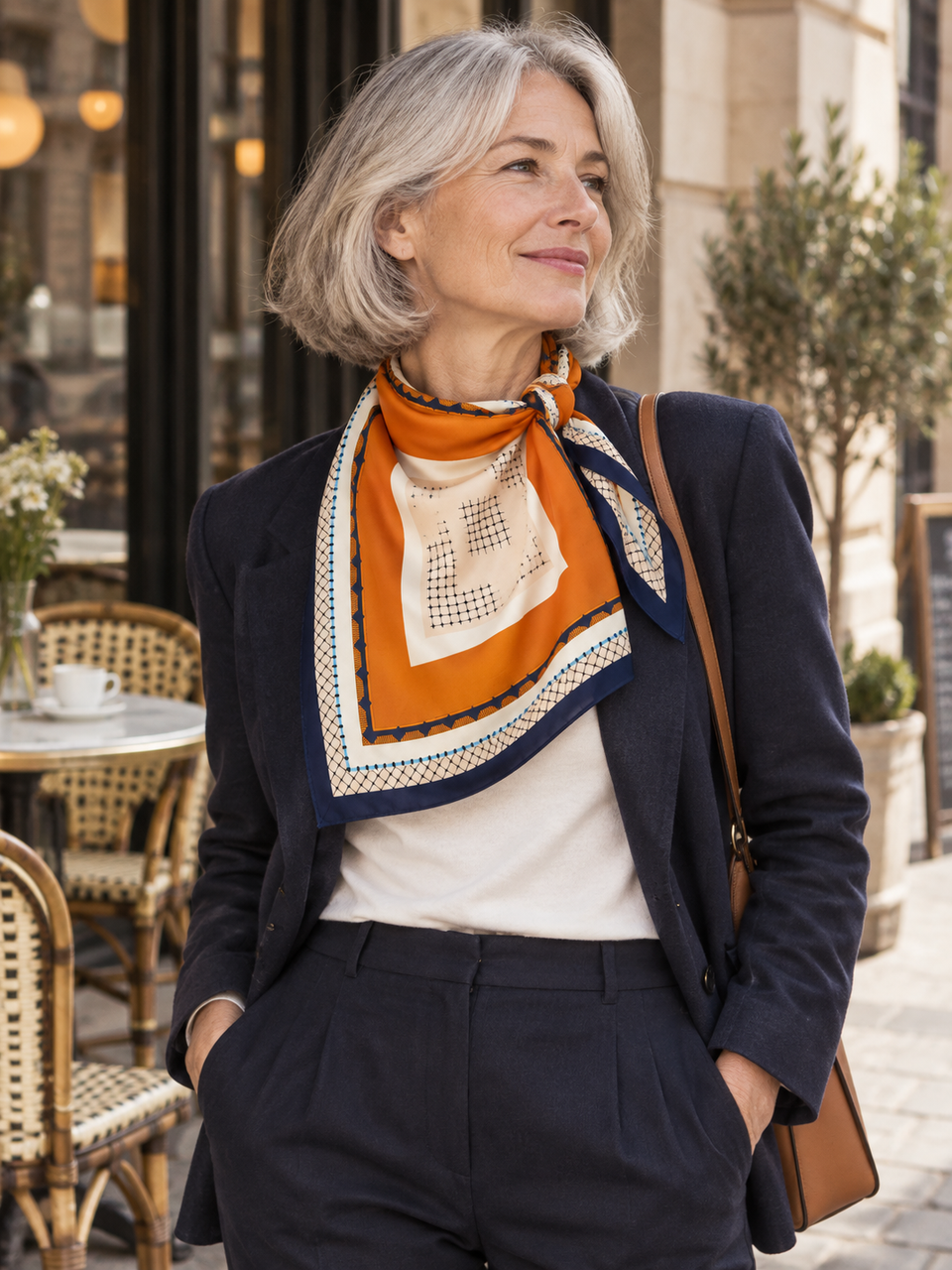 Foulard orange et bleu marine porté avec une veste sombre en terrasse.