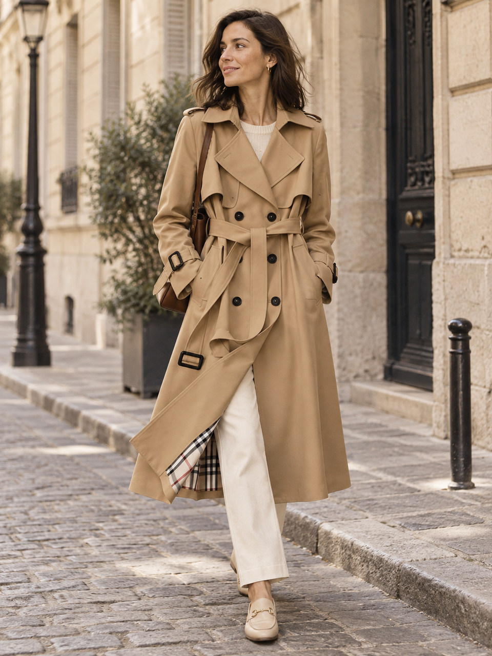 Trench camel ceinturé porté avec un pantalon ivoire dans une rue calme.