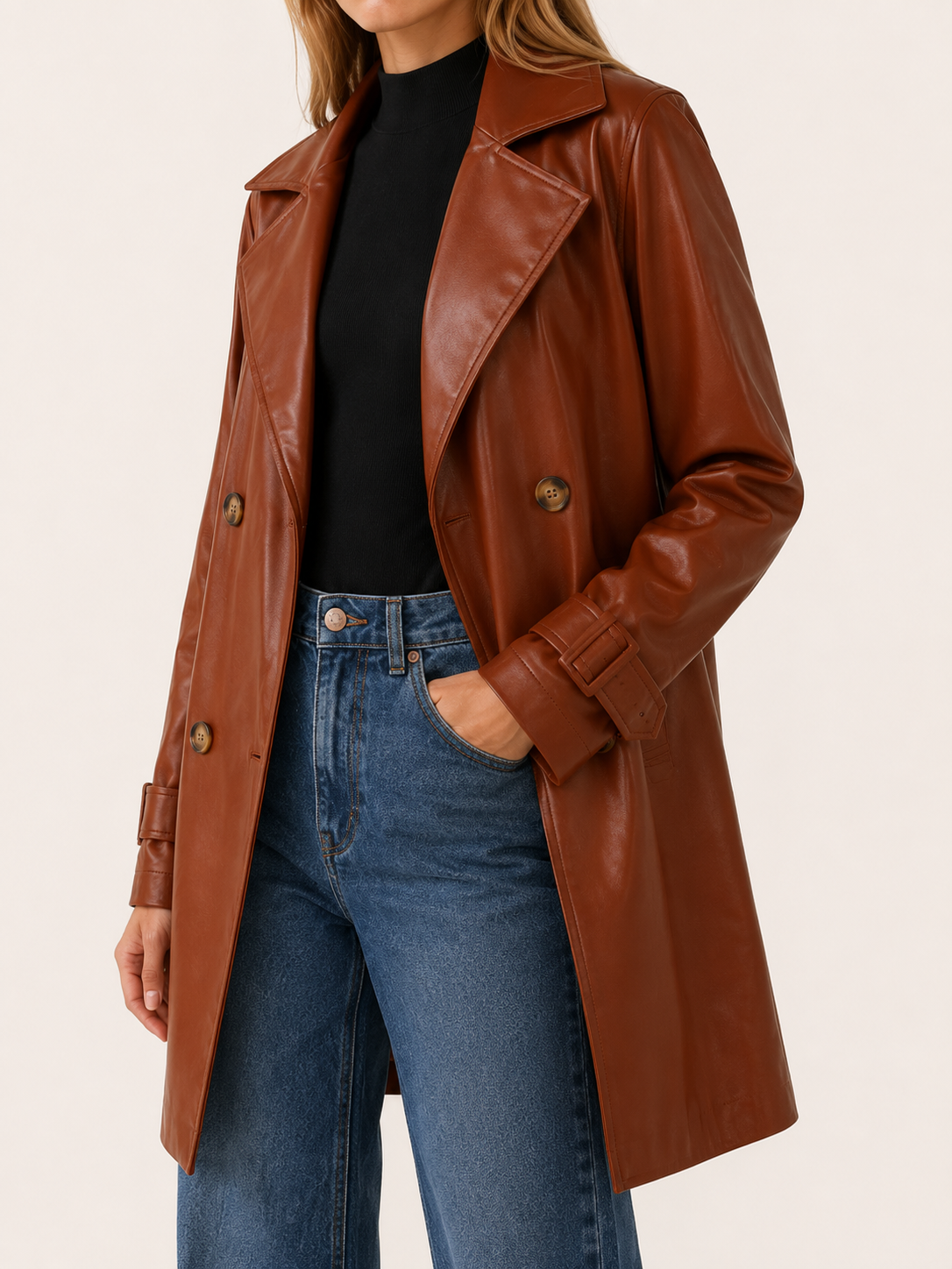 Manteau mi-long aspect cuir à boutonnage croisé — Amielle Paris