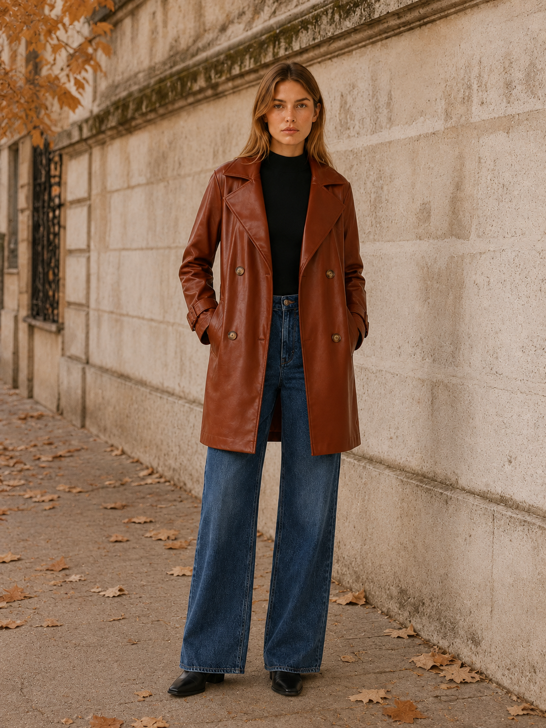 Manteau mi-long aspect cuir à boutonnage croisé — Amielle Paris