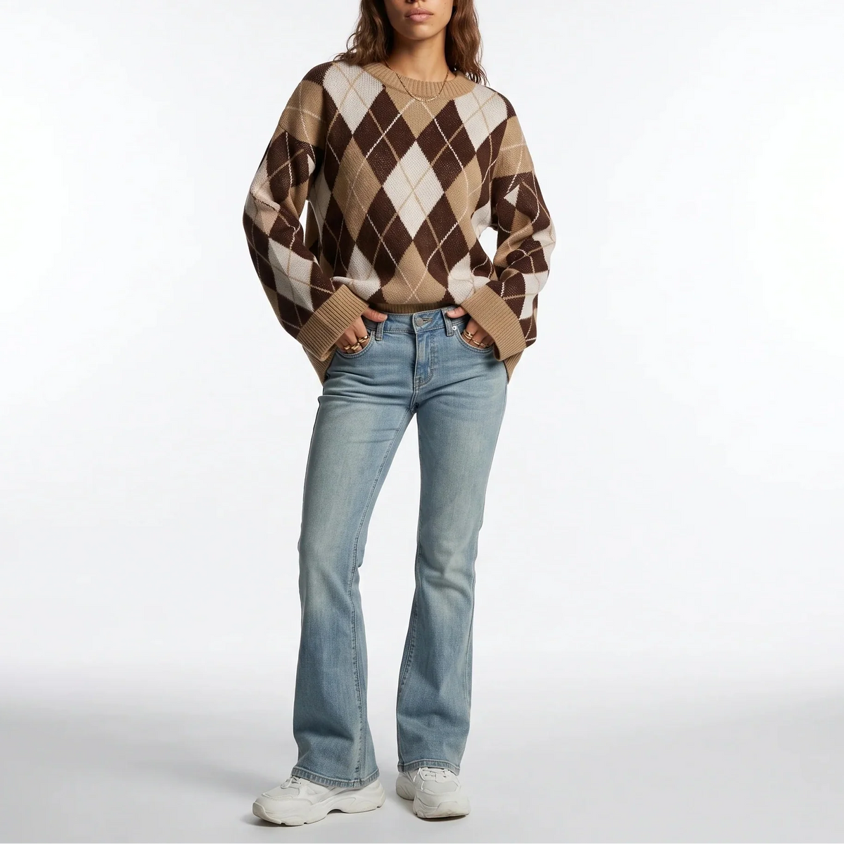 Pull à losanges, col rond et manches longues — Amielle Paris