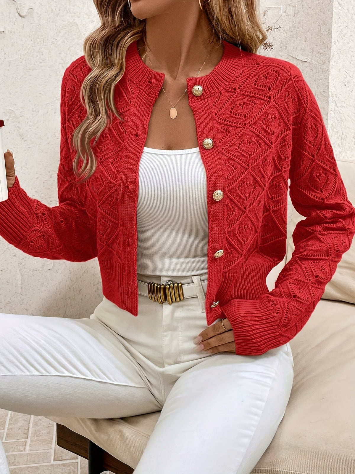 Camille | Gilet en maille à losanges et boutons — Amielle Paris