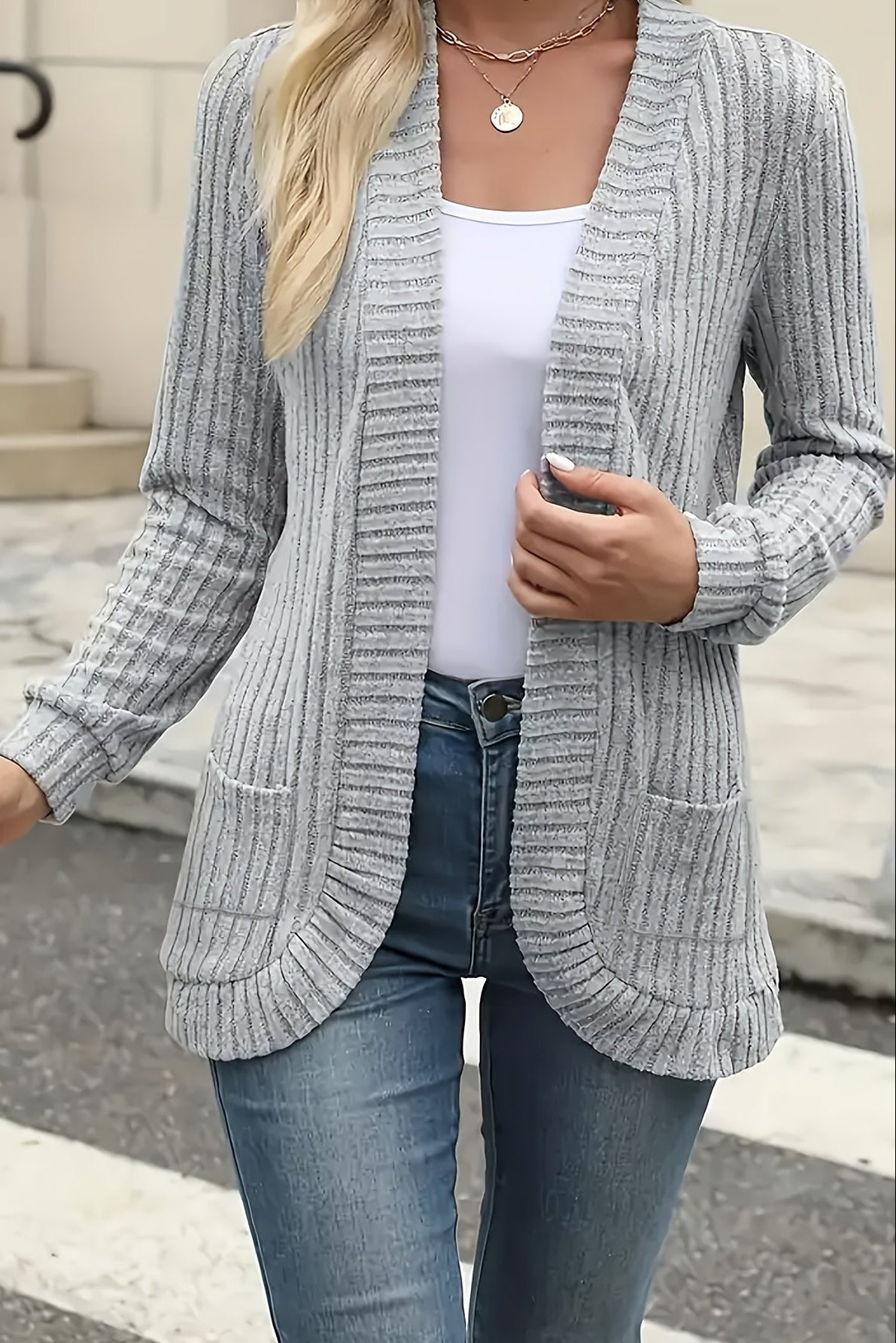 Erika — Cardigan long ouvert à poches latérales — Amielle Paris