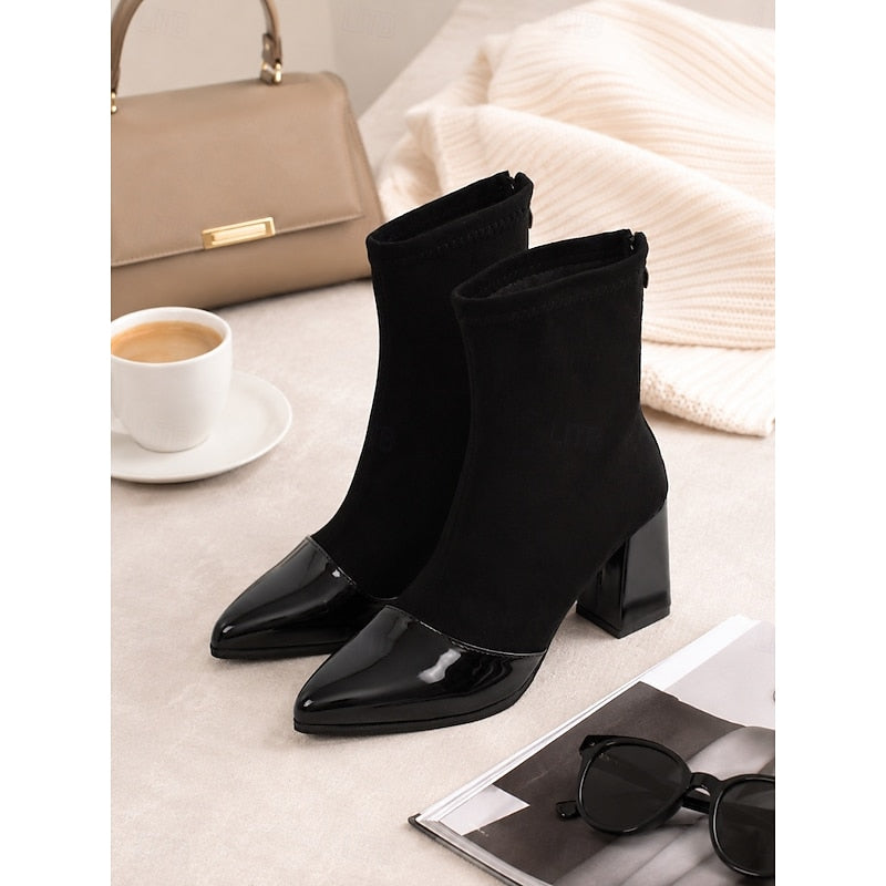 Bottines aspect daim à bout verni et talon bloc — Amielle Paris