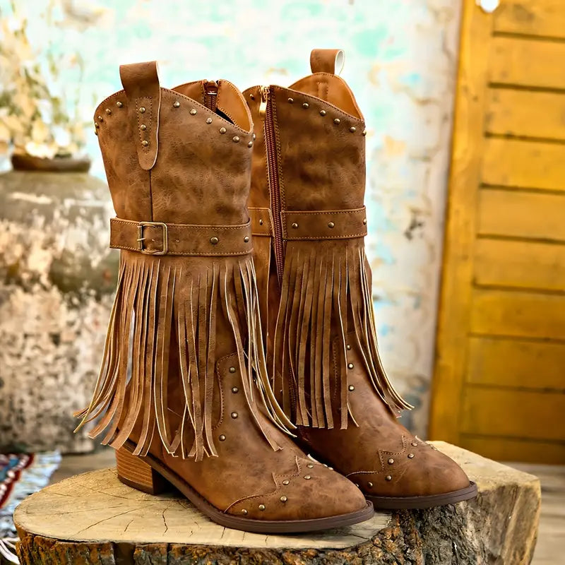Bottes western à franges, clous et boucle — Amielle Paris