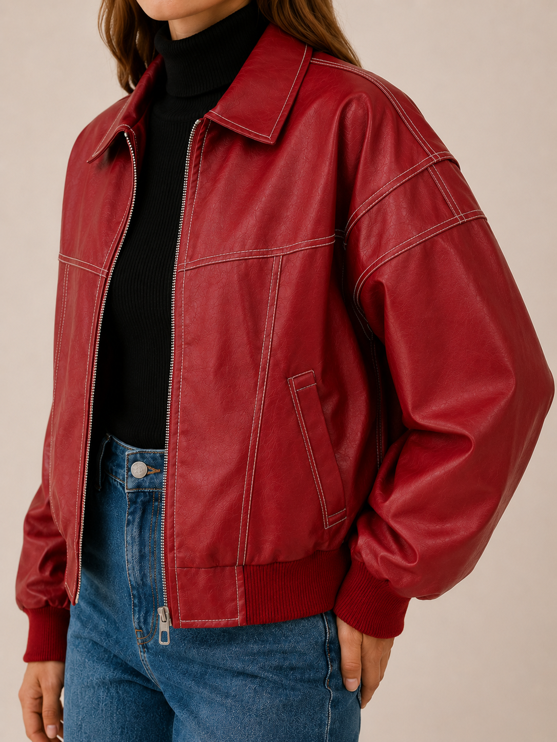 Blouson aspect cuir à surpiqûres contrastantes — Amielle Paris