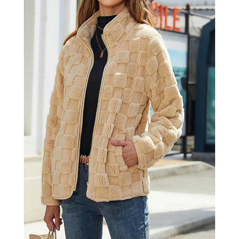 Manteau zippé effet peluche à carreaux — Amielle Paris