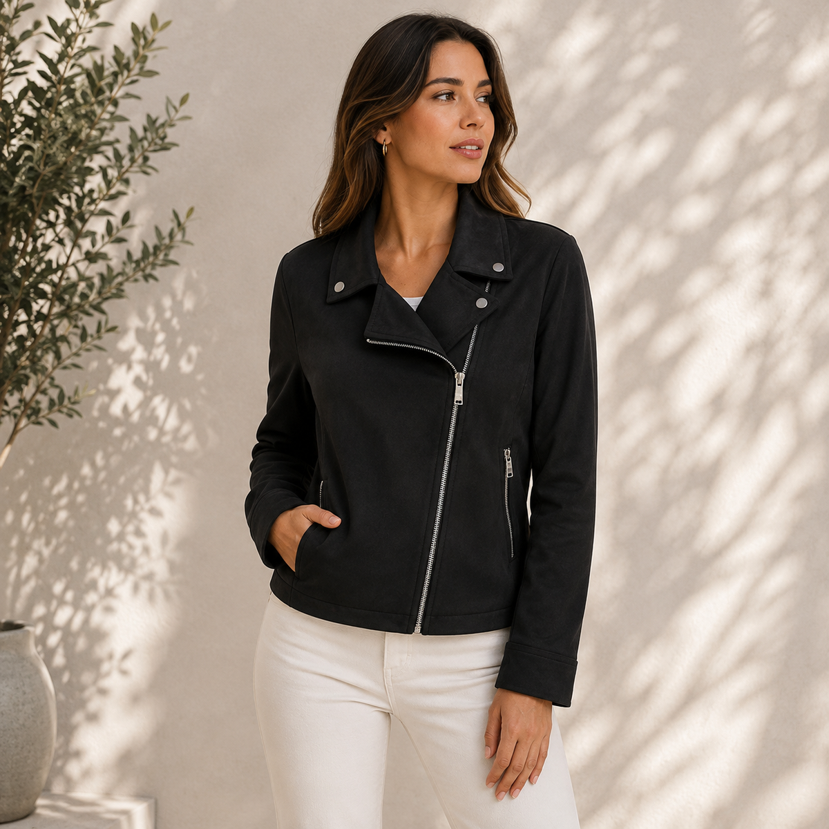Charlotte — Veste biker aspect cuir à zip décalé — Amielle Paris
