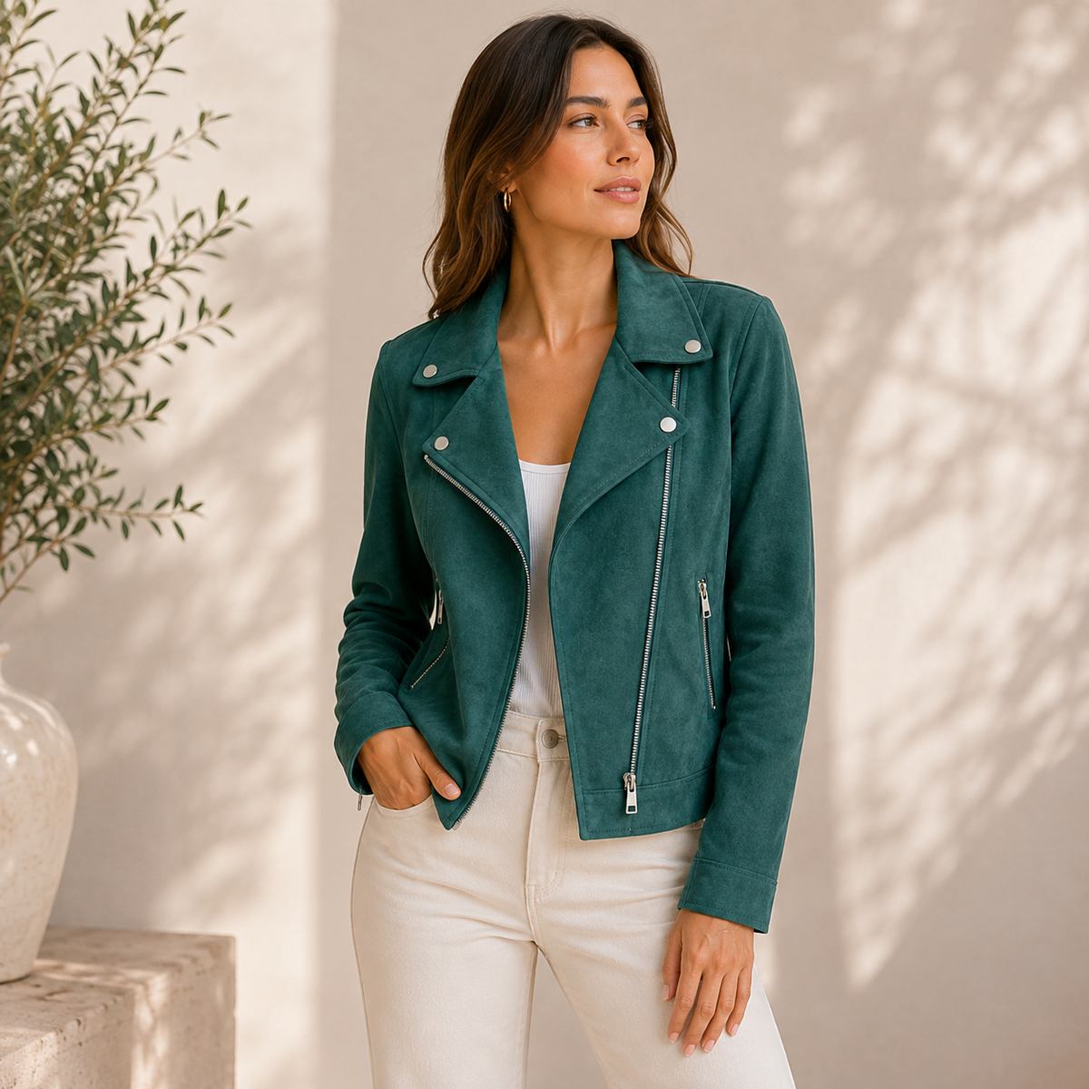 Charlotte — Veste biker aspect cuir à zip décalé — Amielle Paris