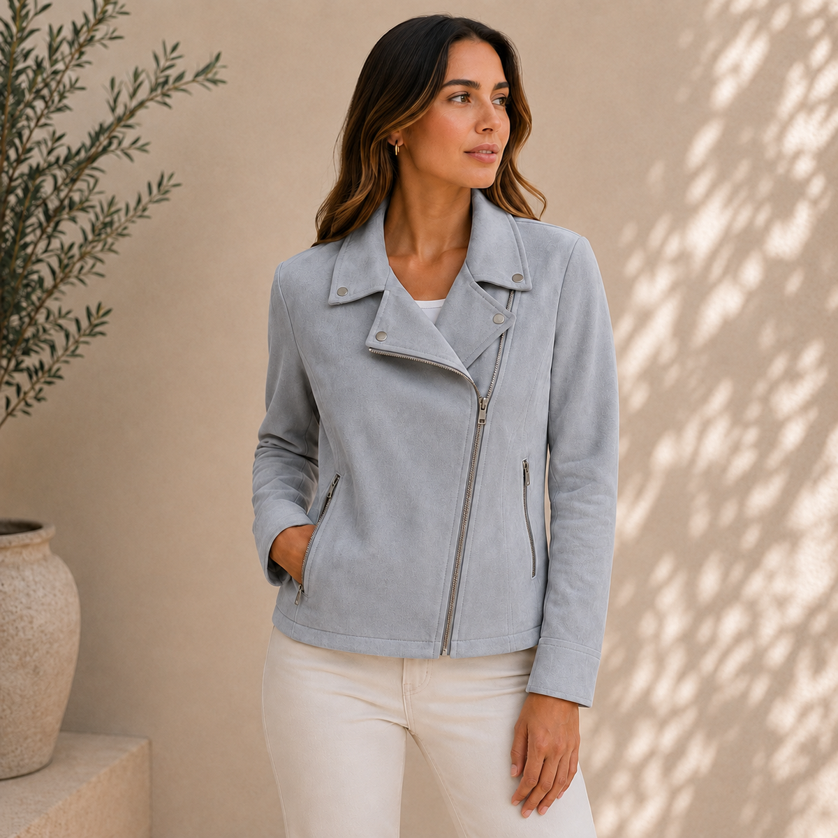 Charlotte — Veste biker aspect cuir à zip décalé — Amielle Paris