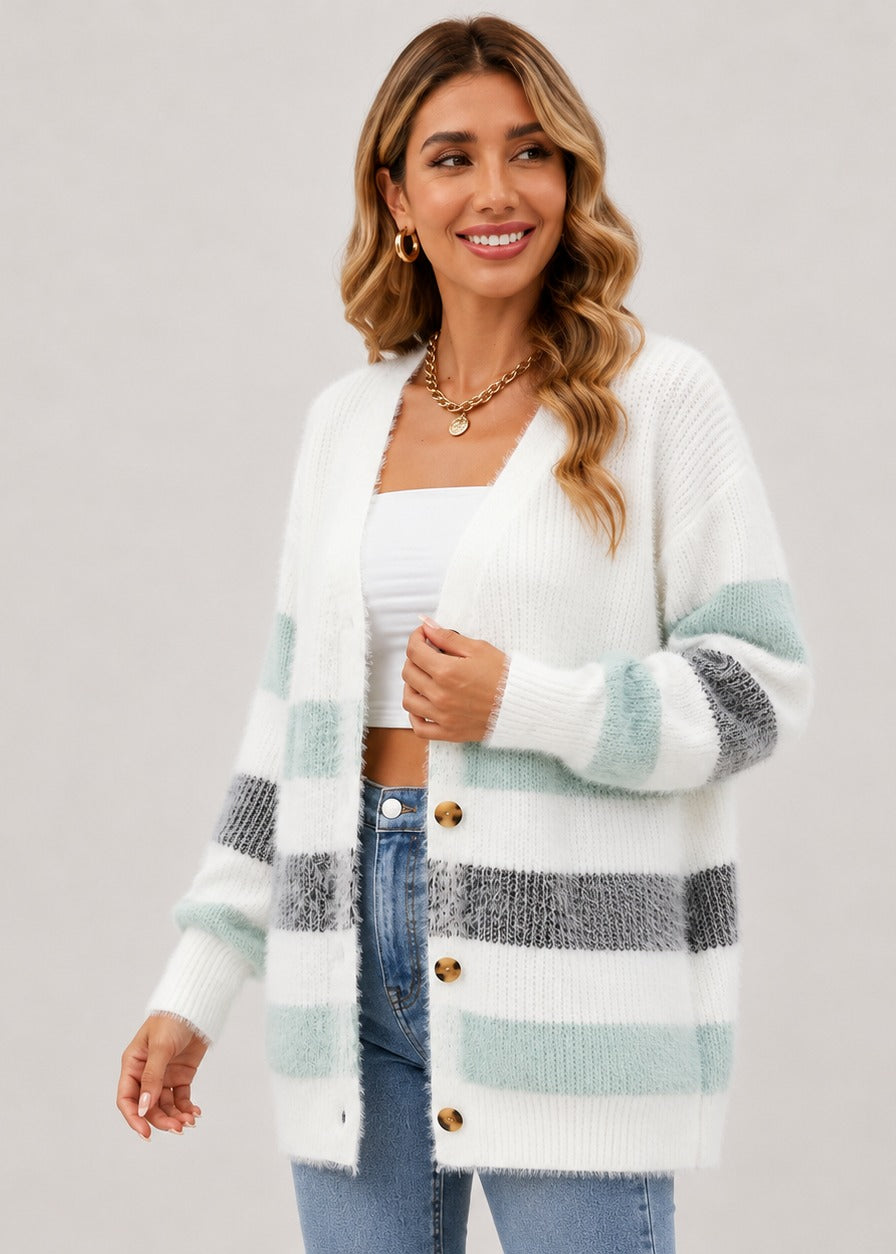 Cardigan rayé boutonné à col V — Amielle Paris