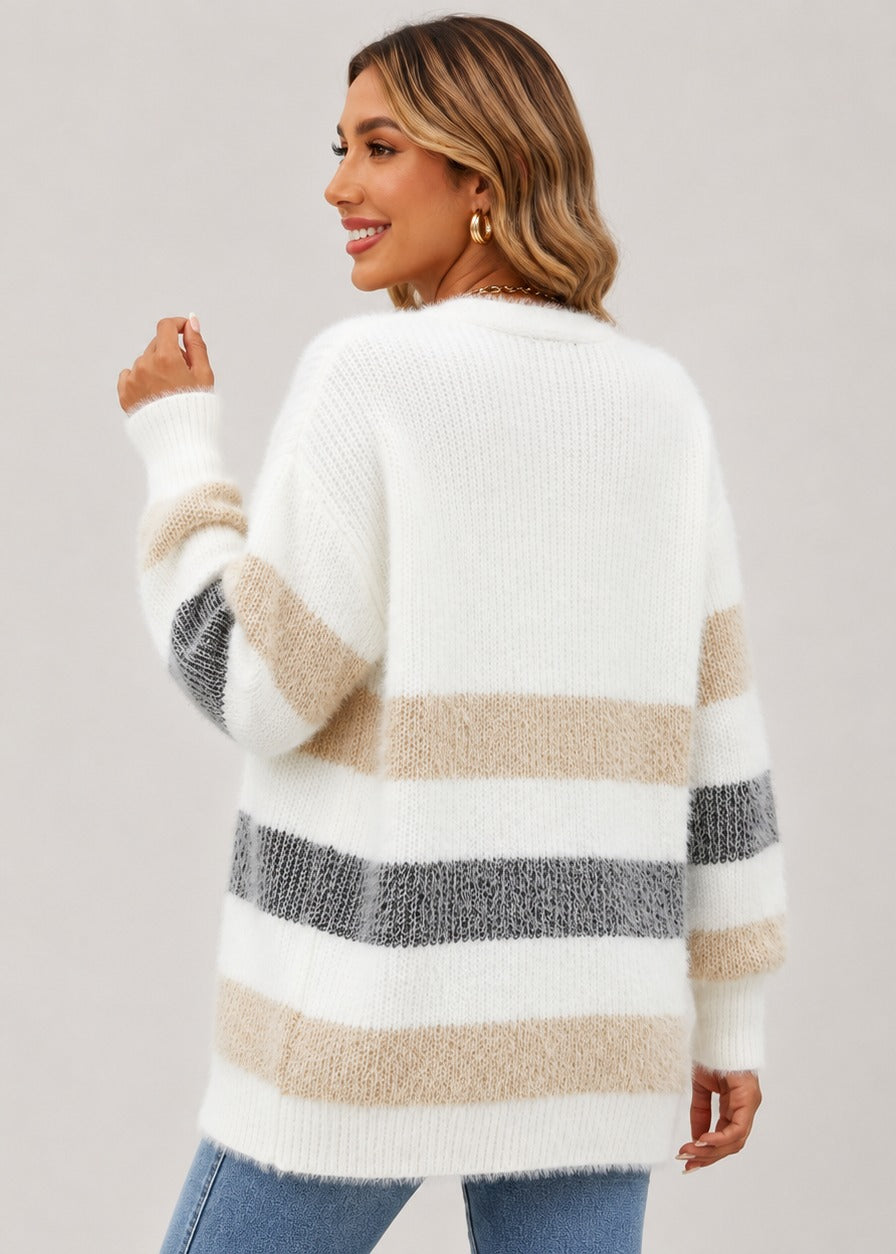 Cardigan rayé boutonné à col V — Amielle Paris