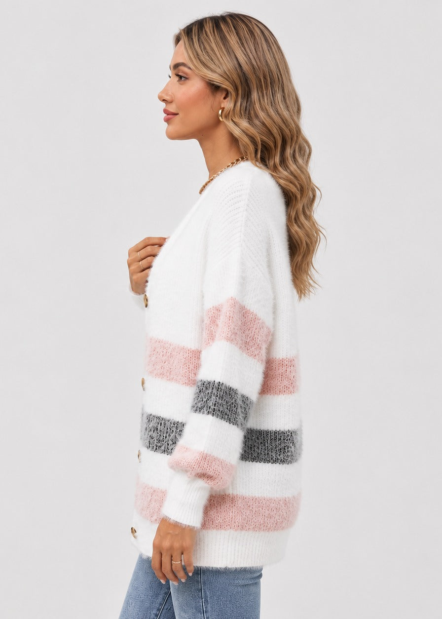 Cardigan rayé boutonné à col V — Amielle Paris