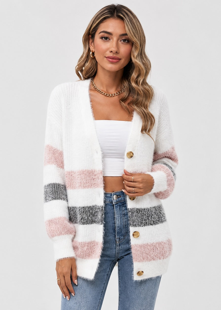 Cardigan rayé boutonné à col V — Amielle Paris