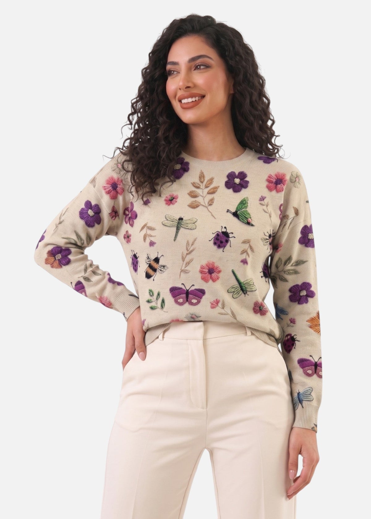 Pull à broderies florales et col rond — Amielle Paris