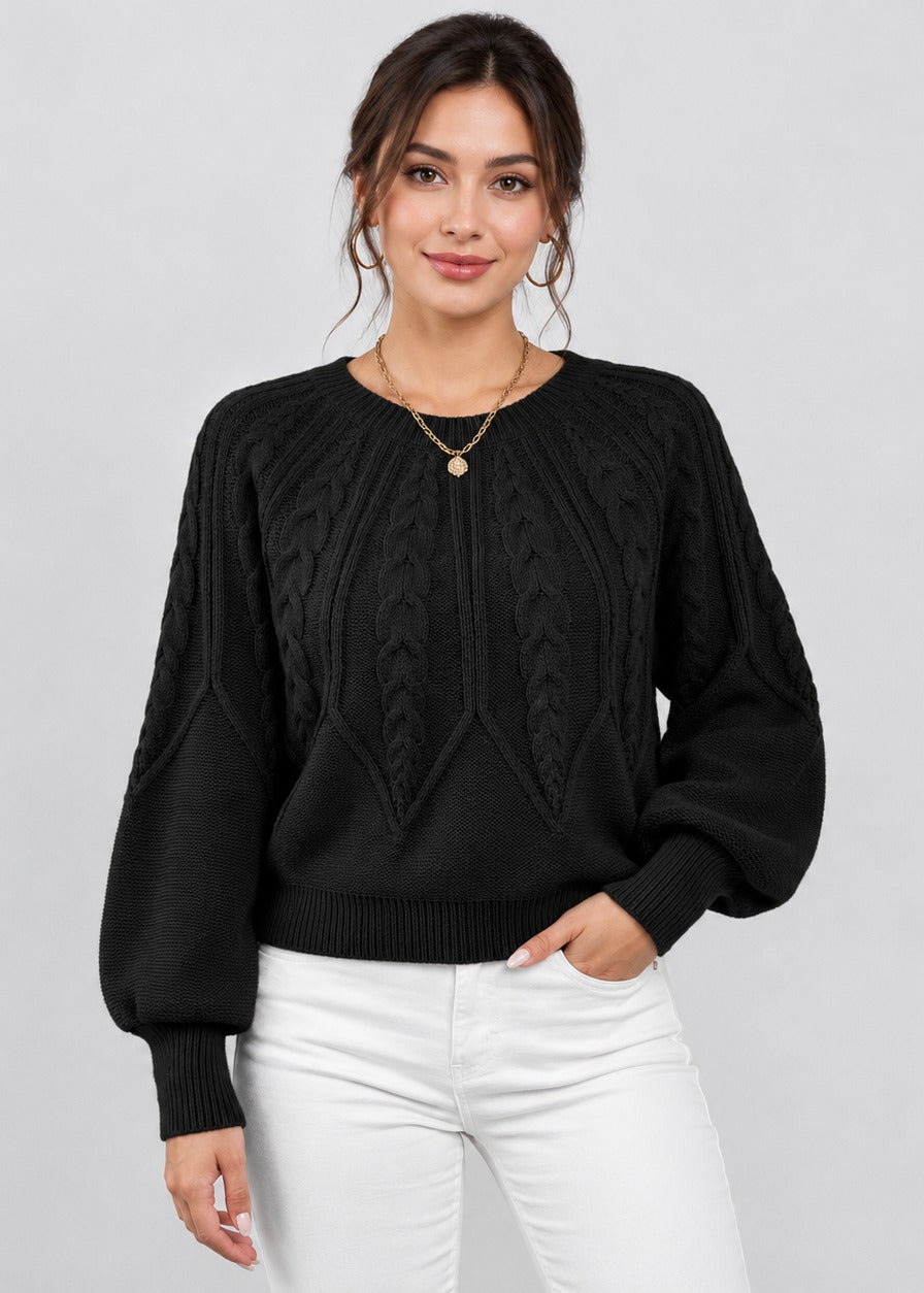 Pull torsadé à manches ballon et col rond — Amielle Paris