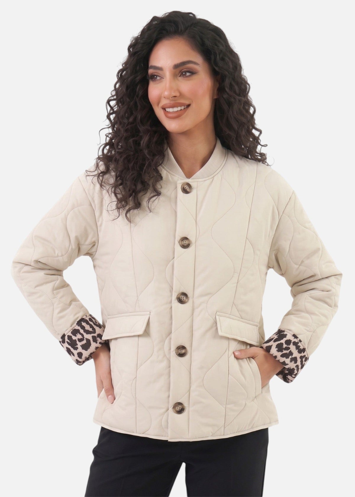 Ludivine — Veste matelassée à poignets léopard — Amielle Paris