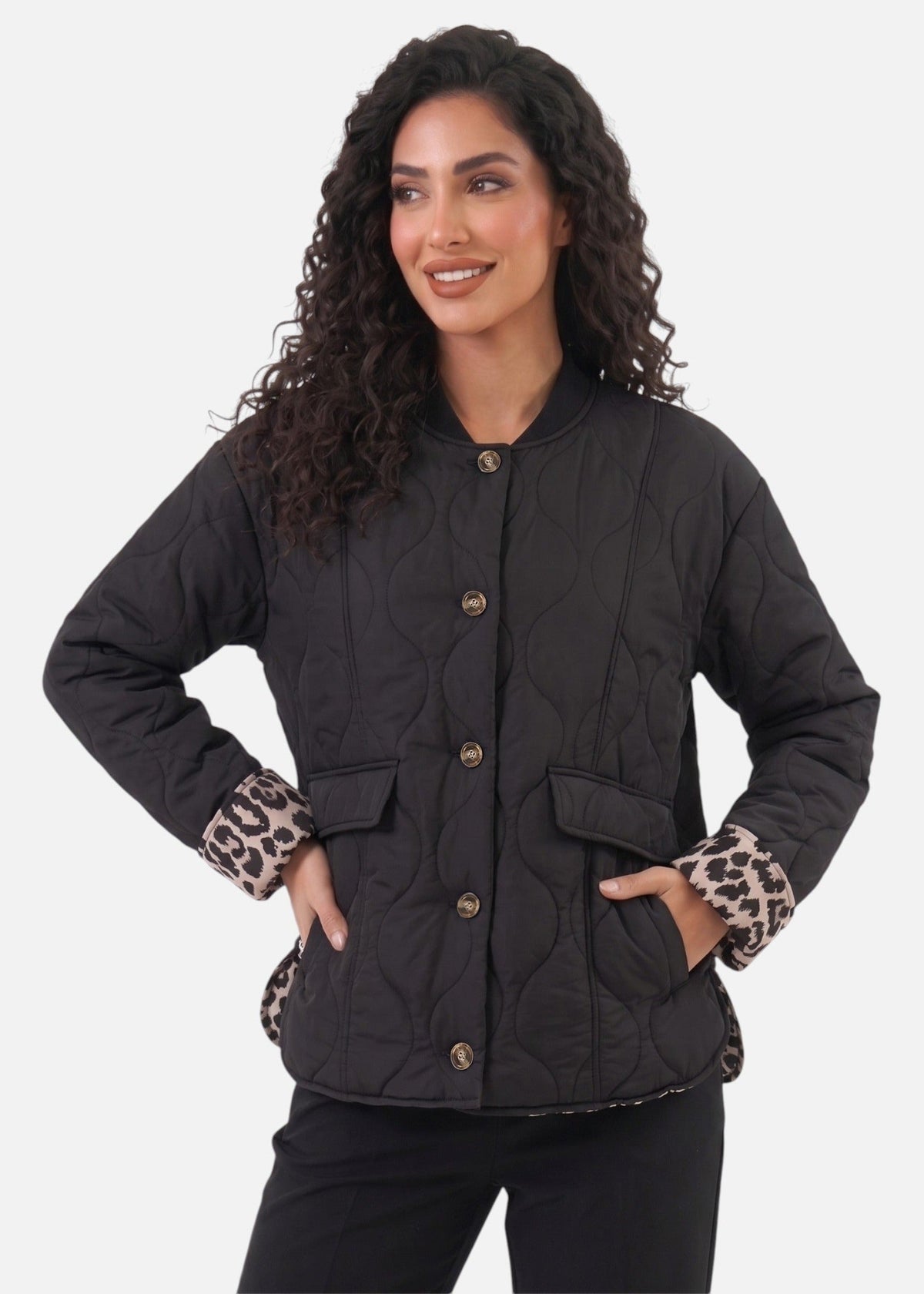 Ludivine — Veste matelassée à poignets léopard — Amielle Paris