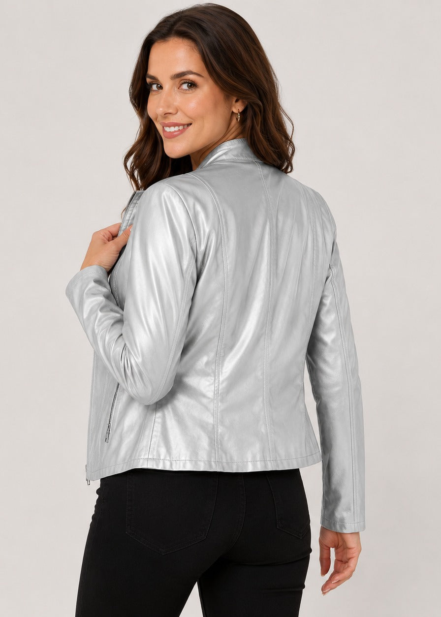 Veste cintrée en simili cuir à col montant — Amielle Paris
