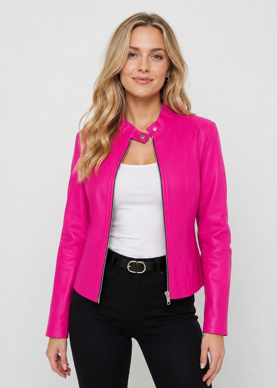 Veste cintrée en simili cuir à col montant — Amielle Paris