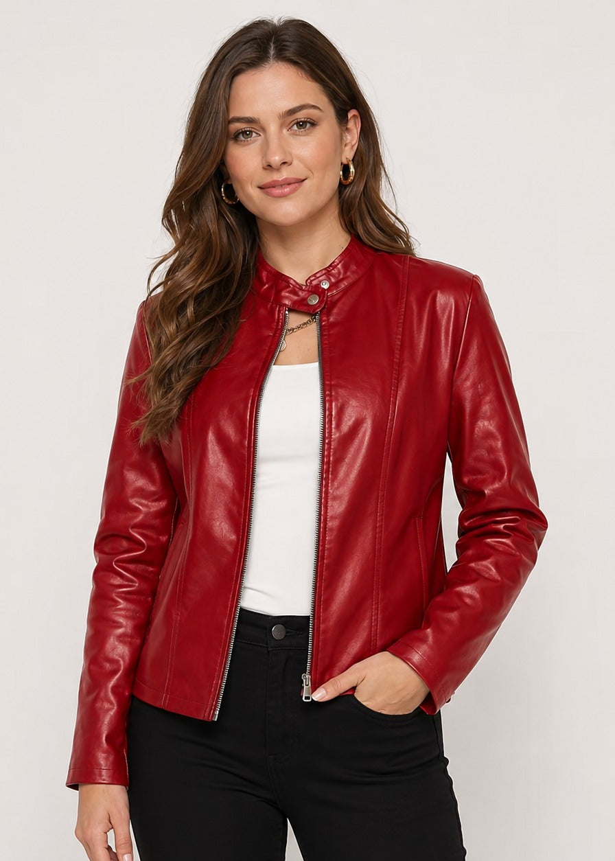 Veste cintrée en simili cuir à col montant — Amielle Paris