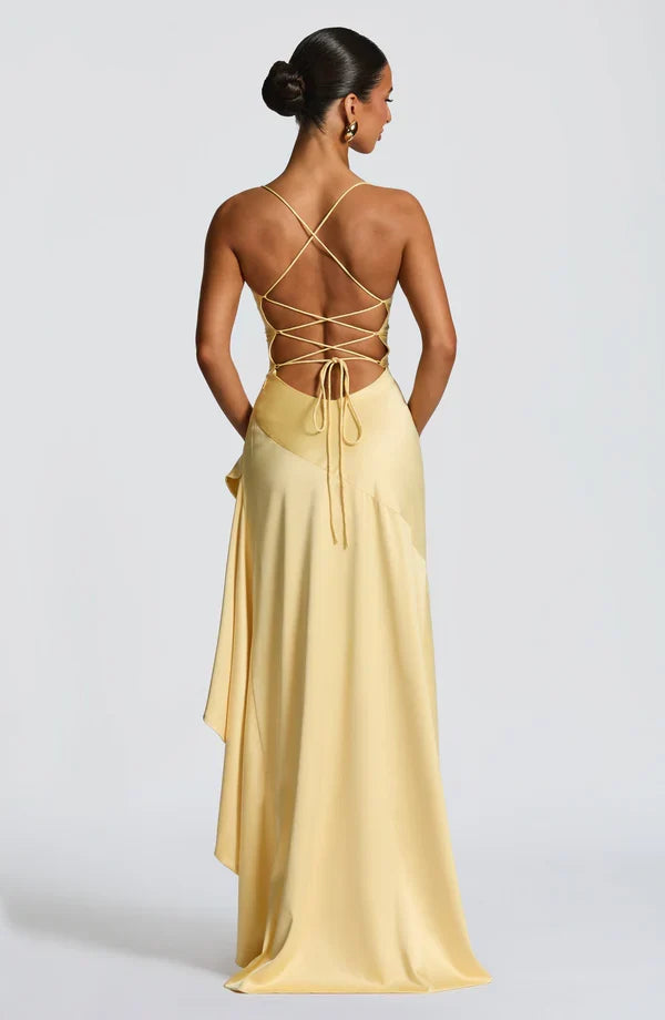 Robe longue satinée à volant — Épiphanie — Amielle Paris