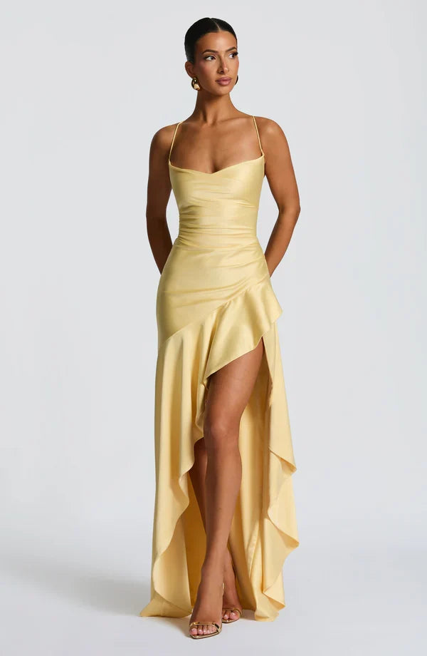 Robe longue satinée à volant — Épiphanie — Amielle Paris