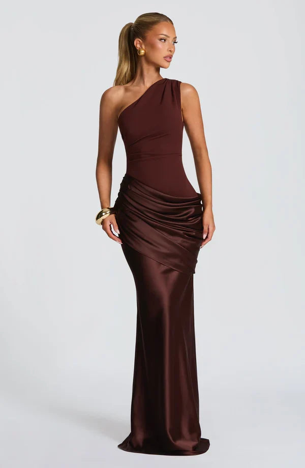 Sidonie — Robe longue satinée à une épaule — Amielle Paris