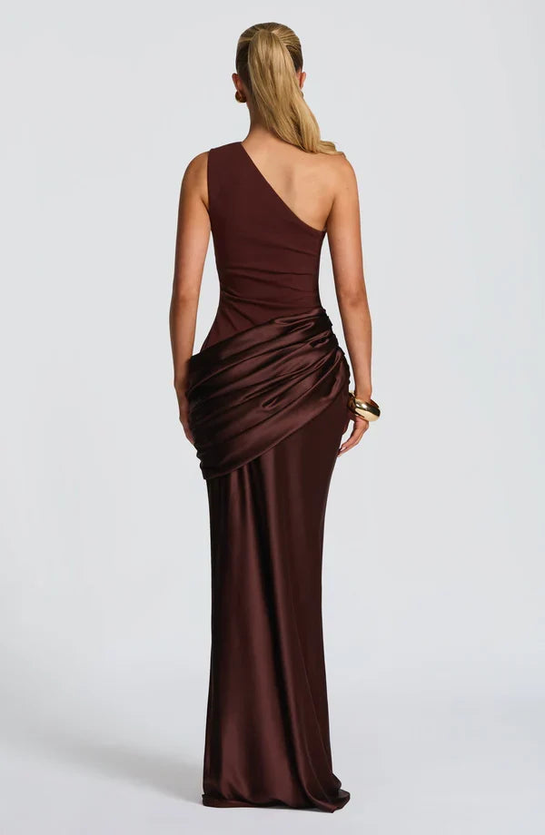 Sidonie — Robe longue satinée à une épaule — Amielle Paris